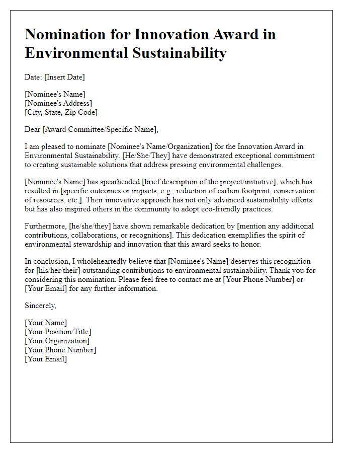 Letter template of innovation award nomination for environmental sustainability.