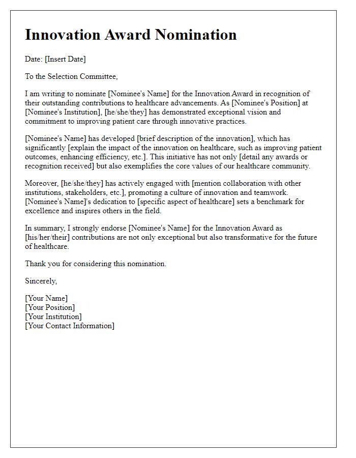 Letter template of innovation award nomination for healthcare advancements.