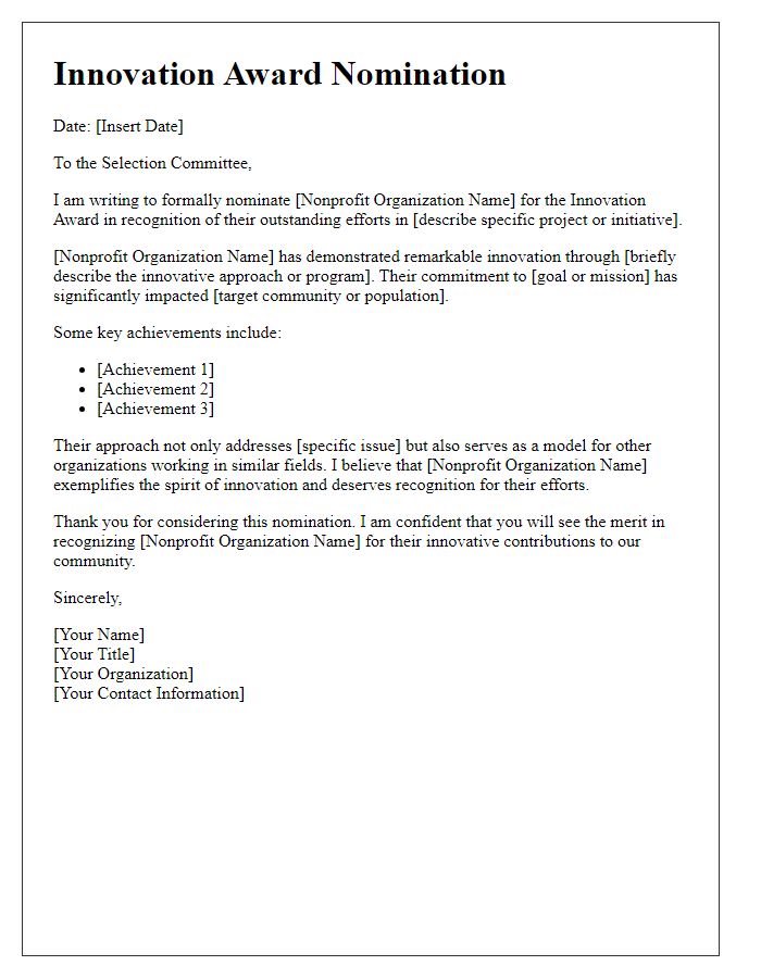 Letter template of innovation award nomination for nonprofit organization efforts.