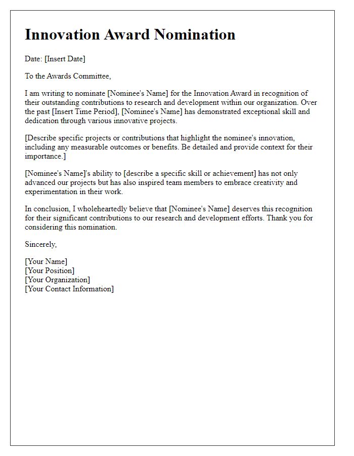 Letter template of innovation award nomination for research and development contributions.