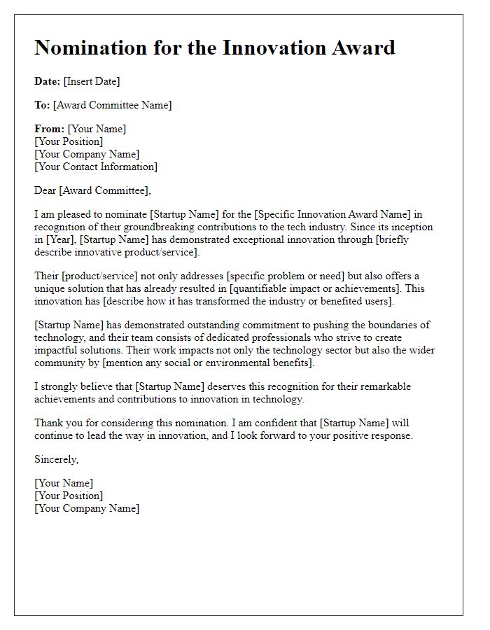 Letter template of innovation award nomination for a tech startup.