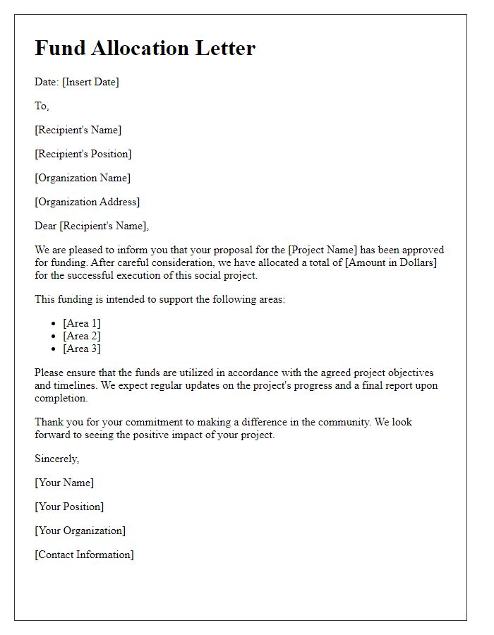 Letter template of fund allocation for social projects