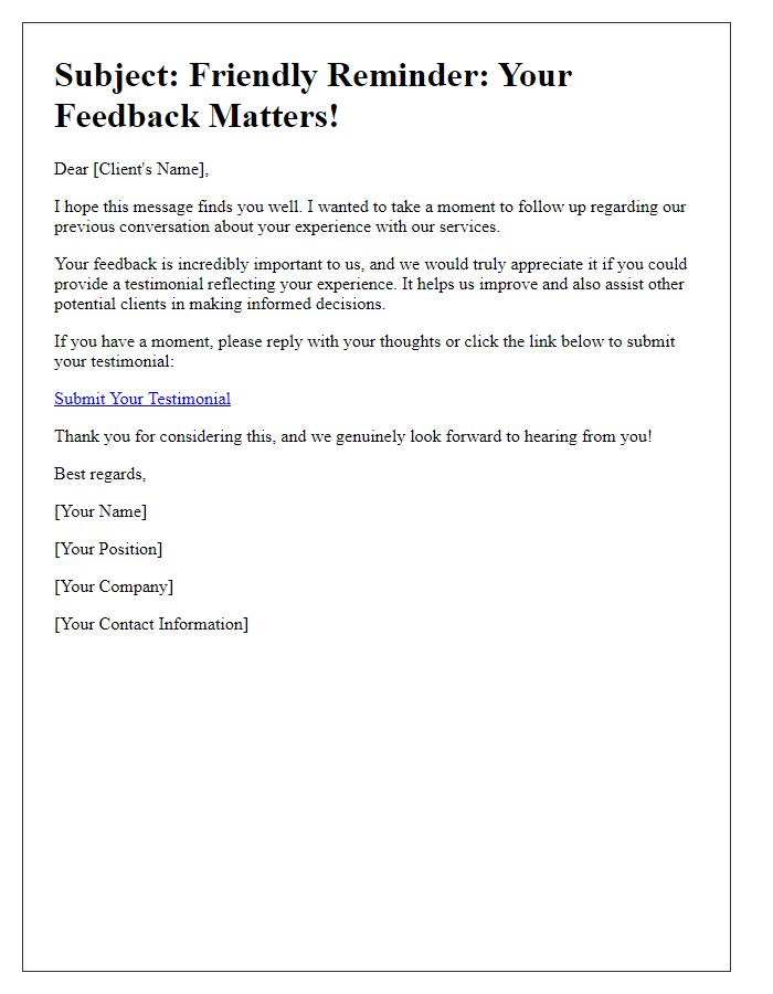 Letter template of follow-up for outstanding client testimonials