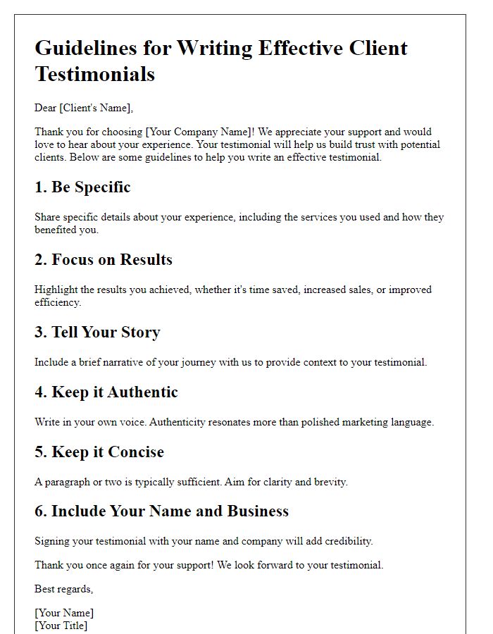 Letter template of guidelines for effective client testimonials