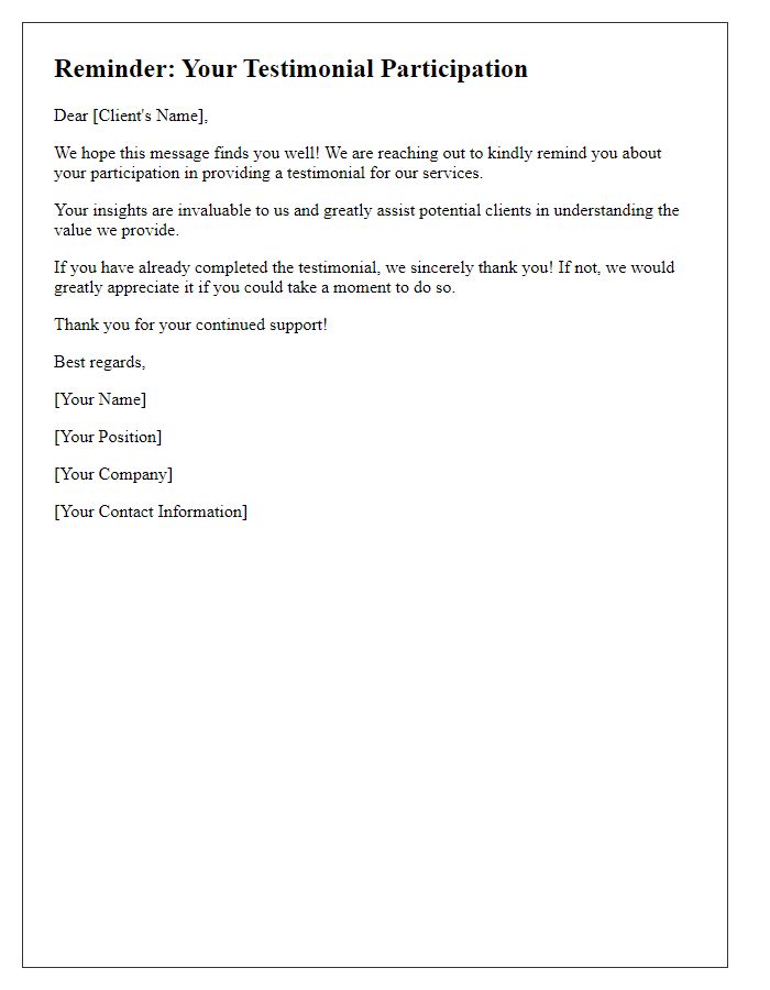 Letter template of reminder for client testimonial participation