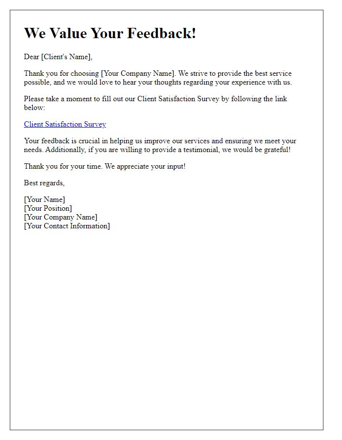 Letter template of survey for client satisfaction and testimonials