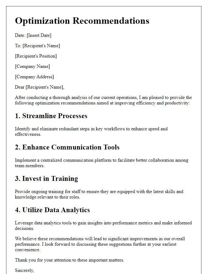 Letter template of optimization recommendations