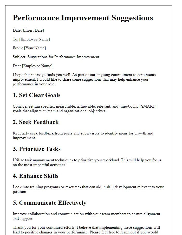 Letter template of performance improvement suggestions