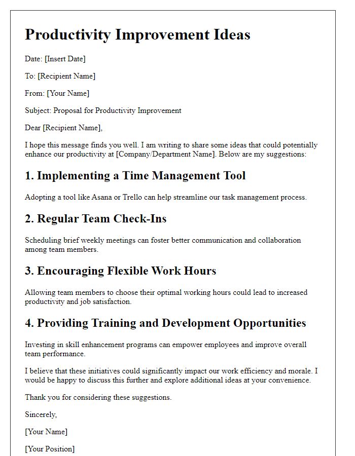 Letter template of productivity improvement ideas