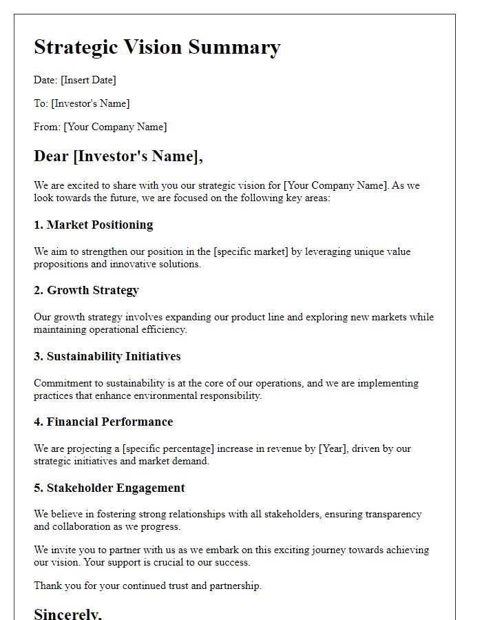 Letter template of strategic vision summary for investors