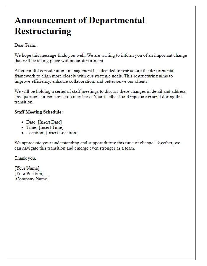 Letter template of departmental restructuring announcement for staff meetings