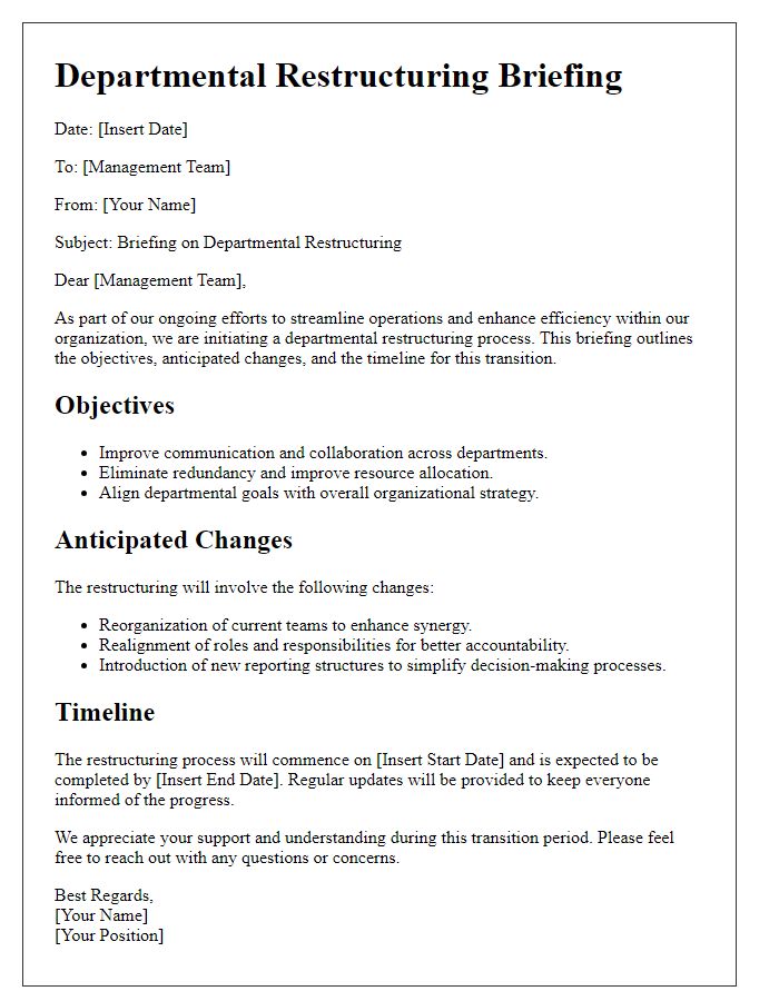 Letter template of departmental restructuring briefing for management