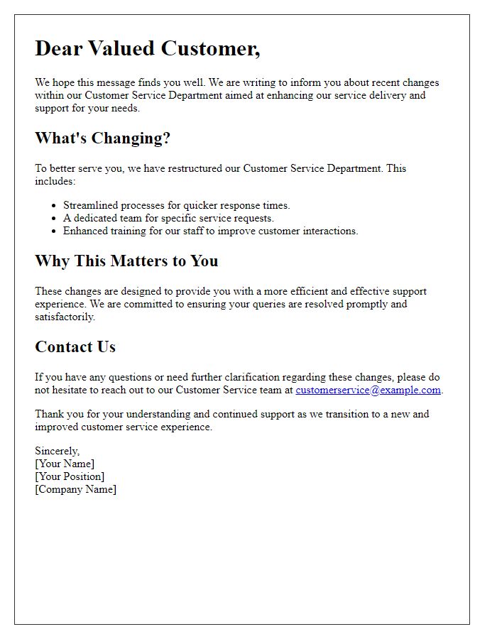 Letter template of departmental restructuring clarification for customer service