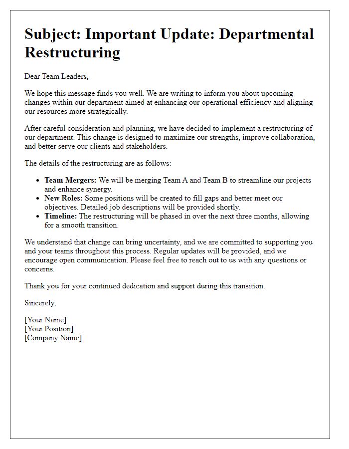 Letter template of departmental restructuring communication for team leaders