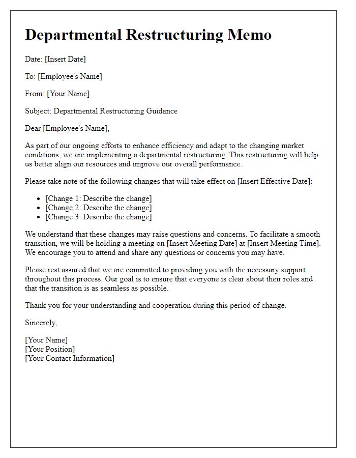 Letter template of departmental restructuring memo for employee guidance