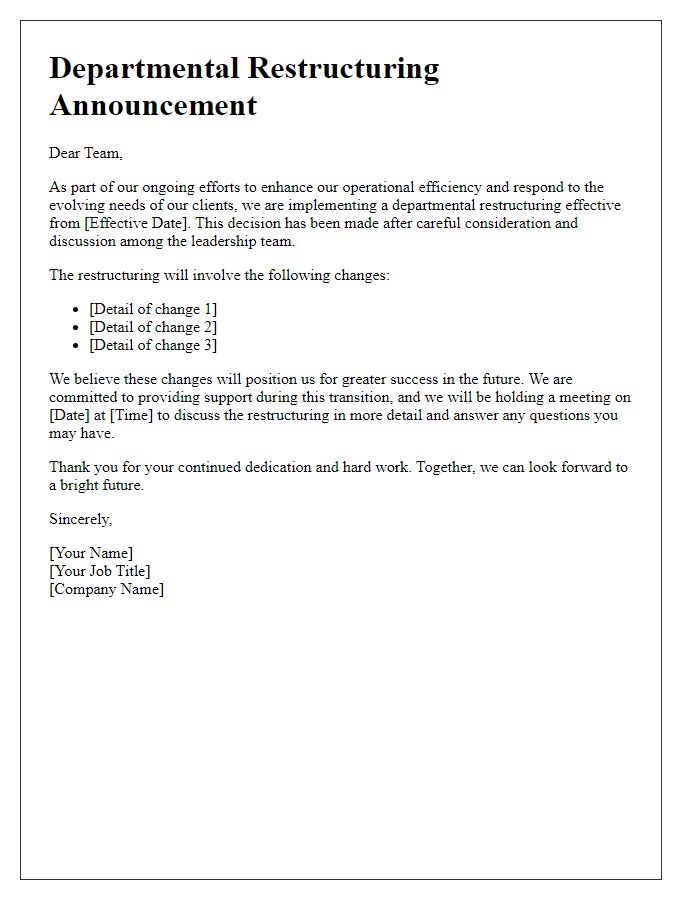 Letter template of departmental restructuring message for internal newsletter