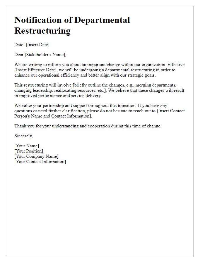 Letter template of departmental restructuring notification to stakeholders