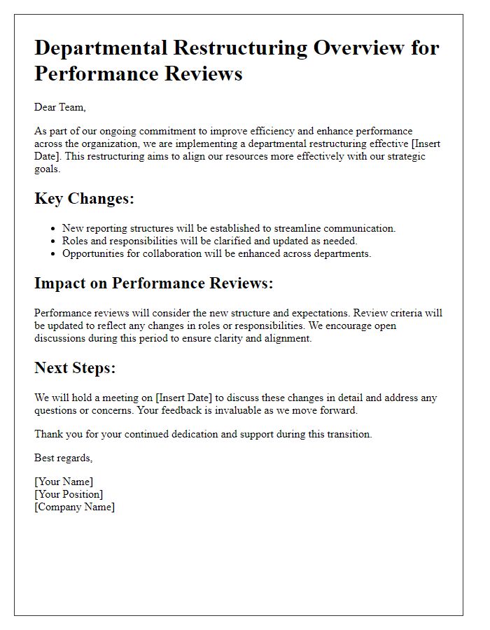 Letter template of departmental restructuring overview for performance reviews