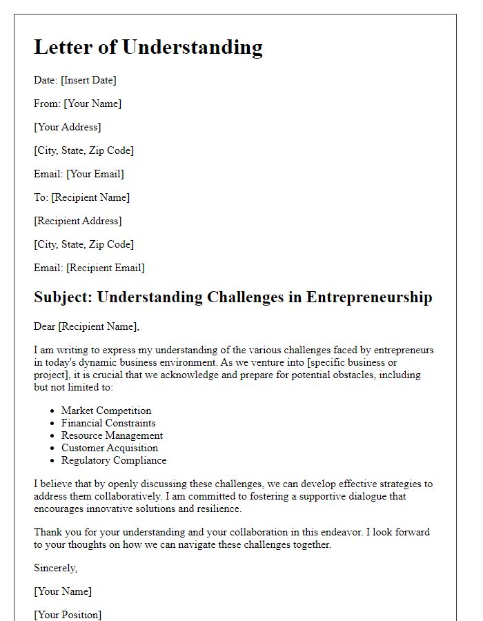 Letter template of understanding for challenges in entrepreneurship