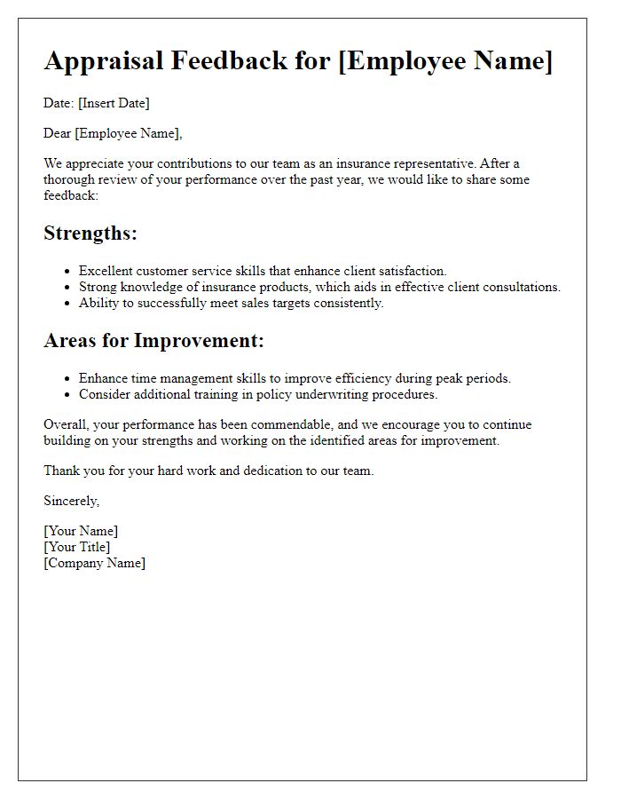 Letter template of appraisal feedback for insurance representatives