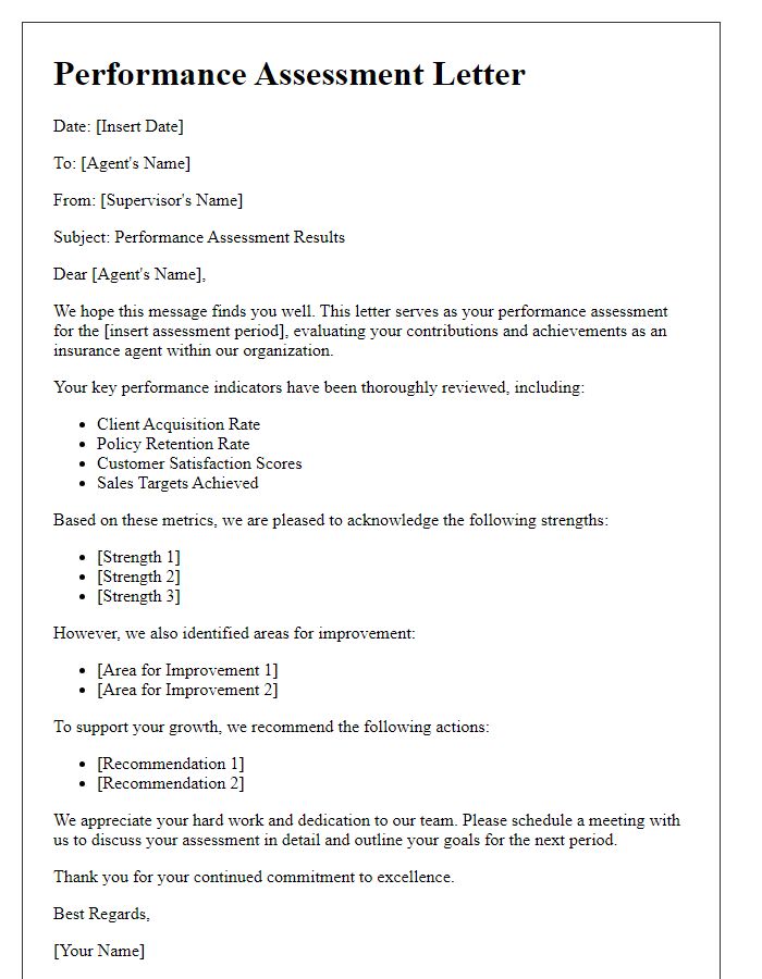 Letter template of assessment for insurance agent performance