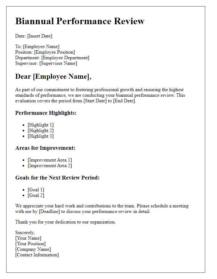 Letter template of biannual performance review for insurance personnel