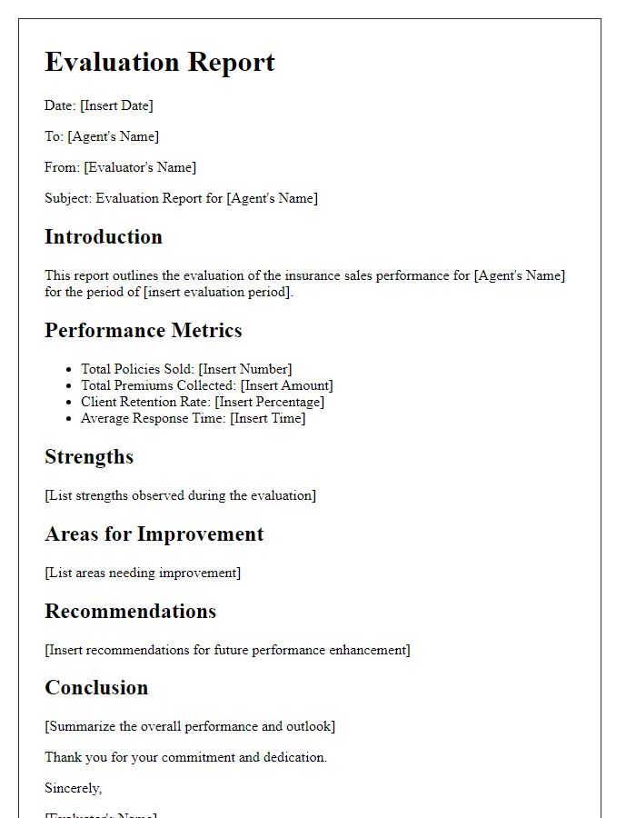 Letter template of evaluation report for insurance sales agents