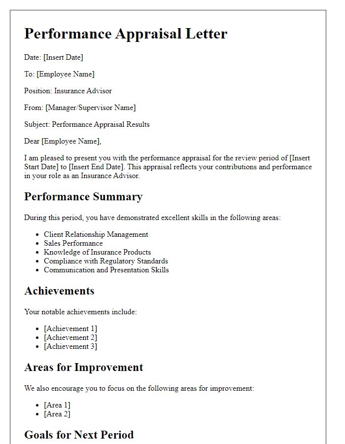 Letter template of performance appraisal for insurance advisory roles