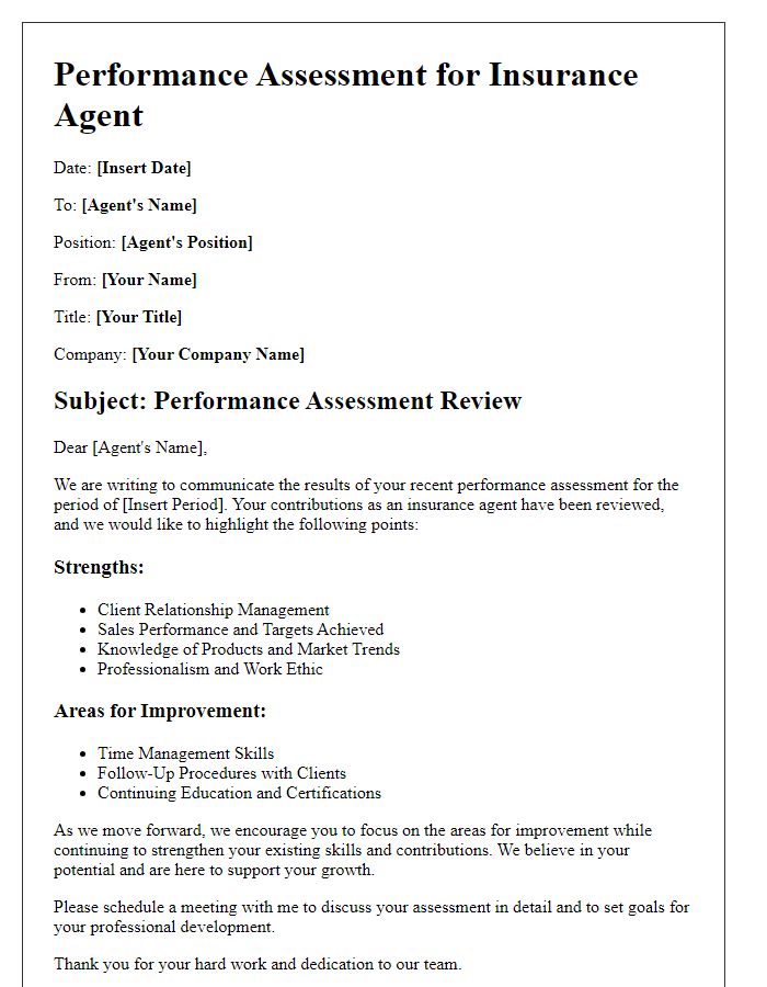 Letter template of performance assessment for insurance agents