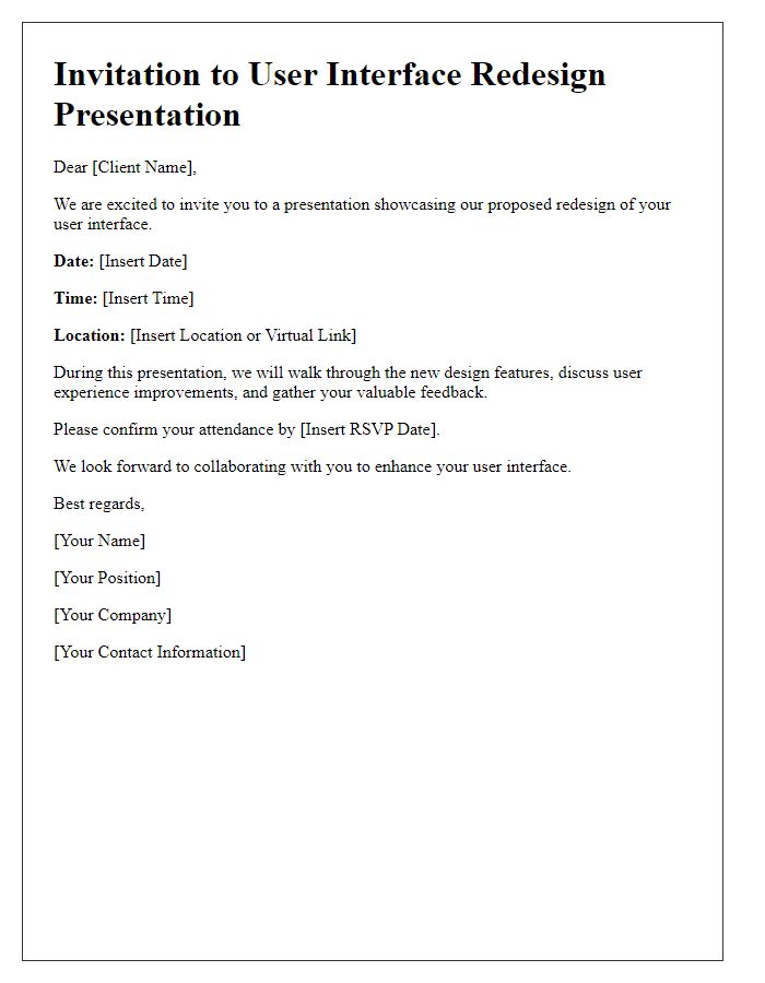 Letter template of user interface redesign client presentation invitation