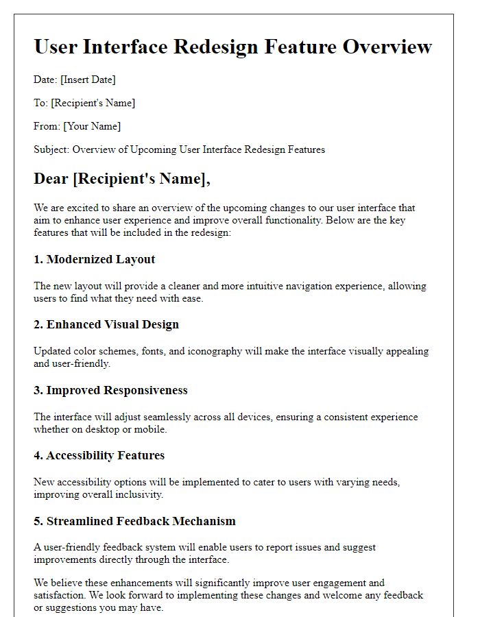 Letter template of user interface redesign feature overview