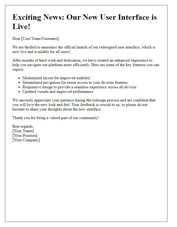 Letter template of user interface redesign final launch announcement
