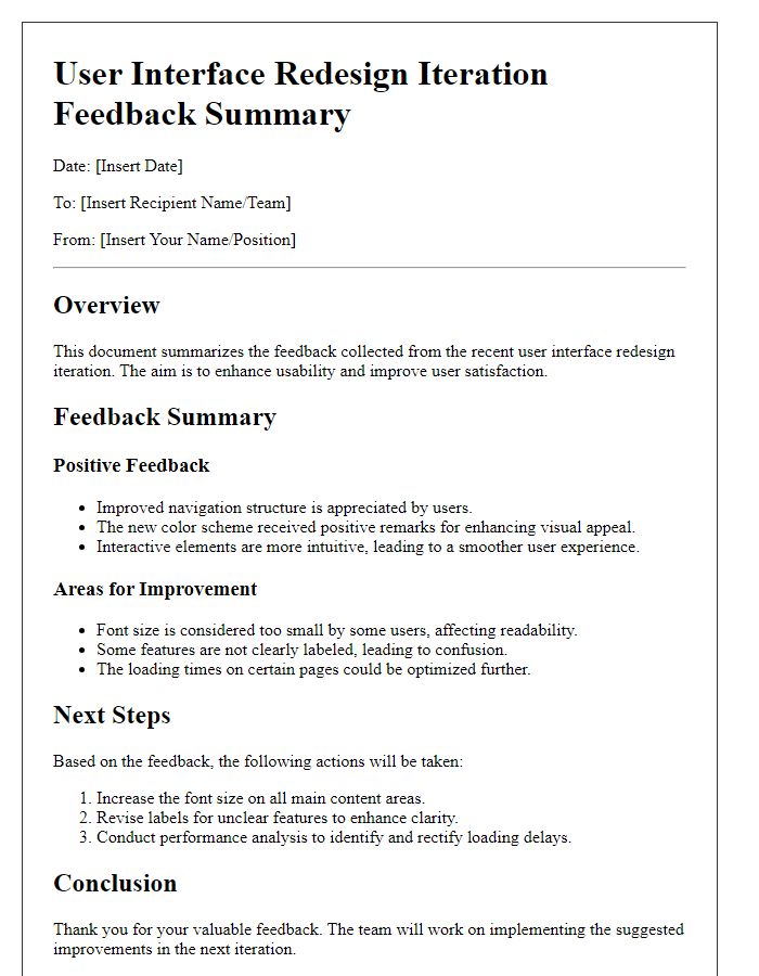 Letter template of user interface redesign iteration feedback summary