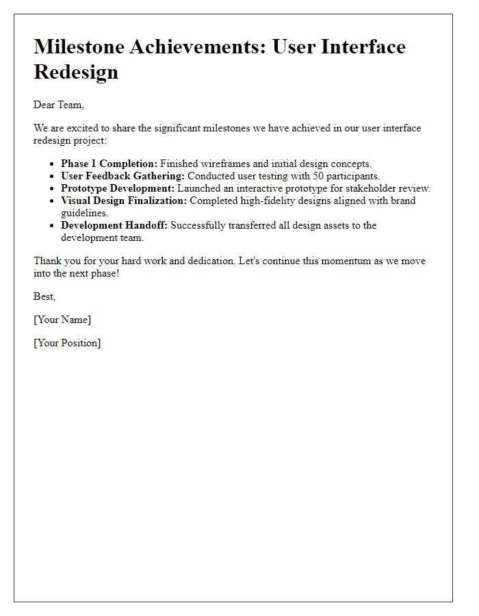 Letter template of user interface redesign milestone achievements