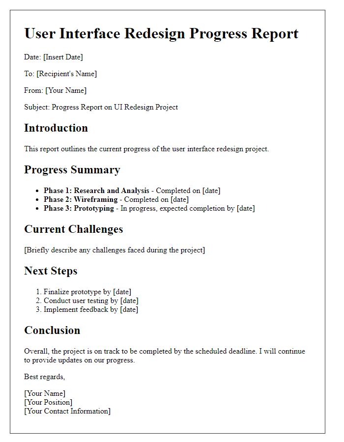 Letter template of user interface redesign progress report