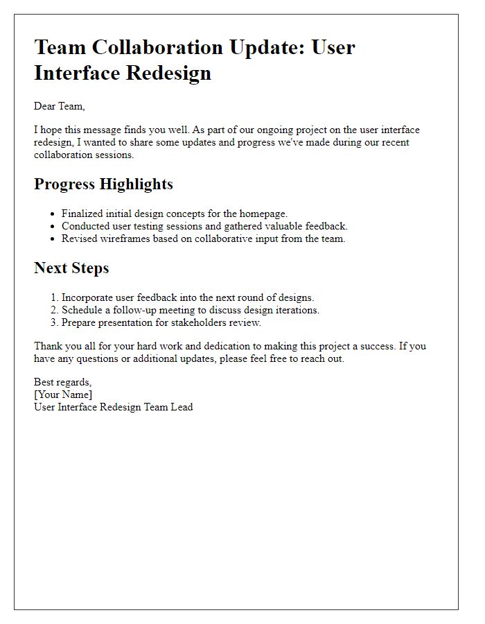 Letter template of user interface redesign team collaboration update