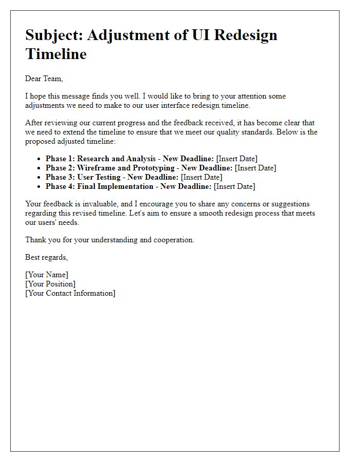 Letter template of user interface redesign timeline adjustment