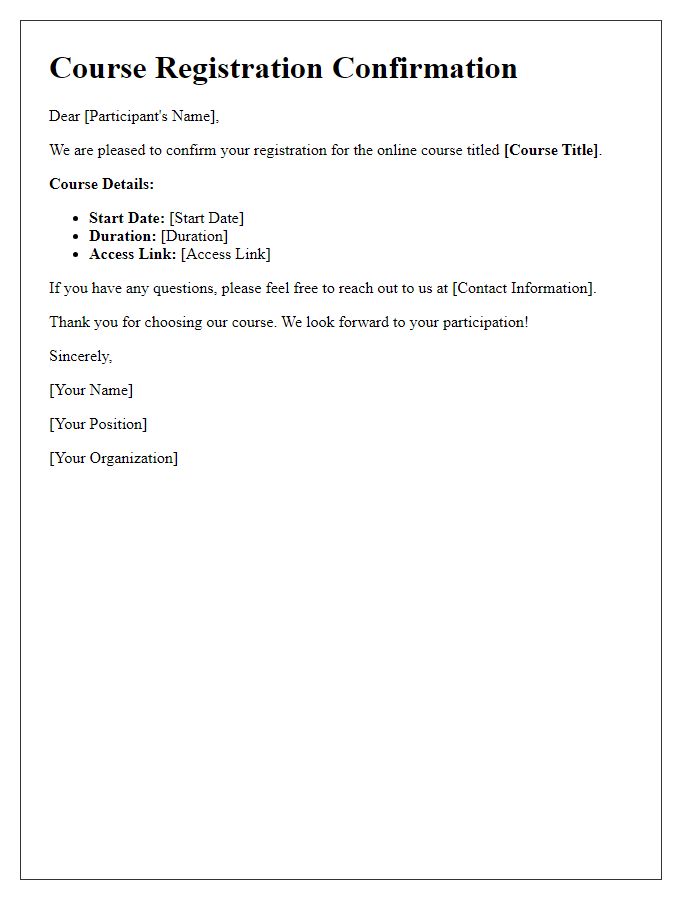 Letter template of confirmation for online course sign-up