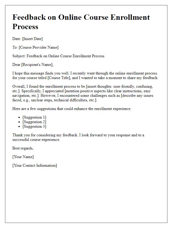 Letter template of feedback on online course enrollment process