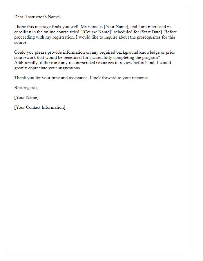 Letter template of inquiry regarding online course prerequisites