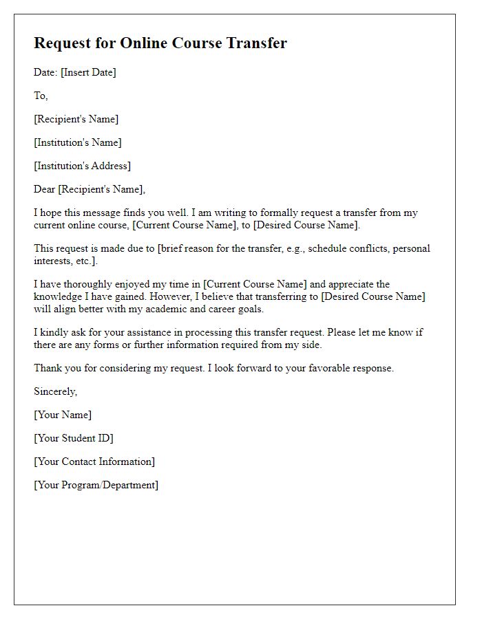 Letter template of request for online course transfer