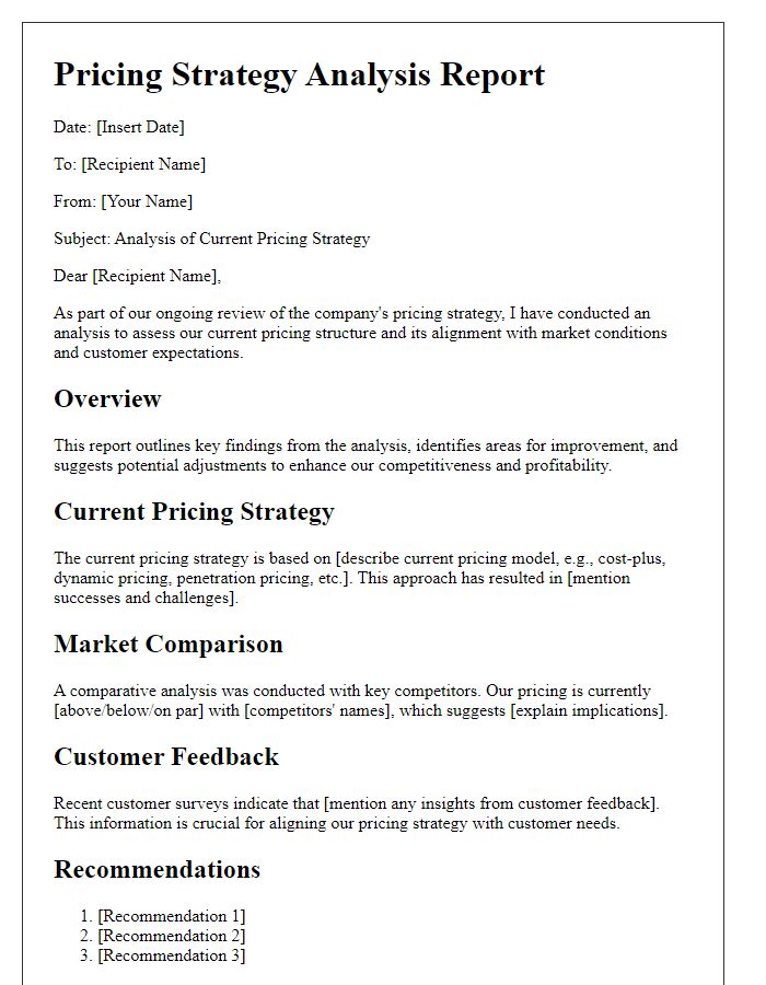 Letter template of pricing strategy analysis