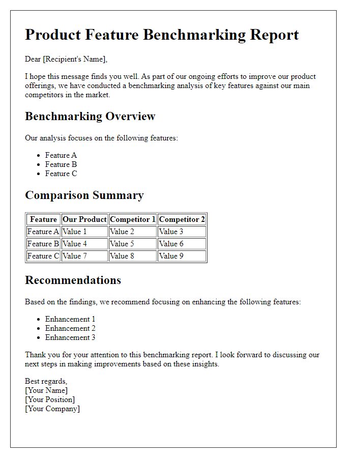 Letter template of product feature benchmarking