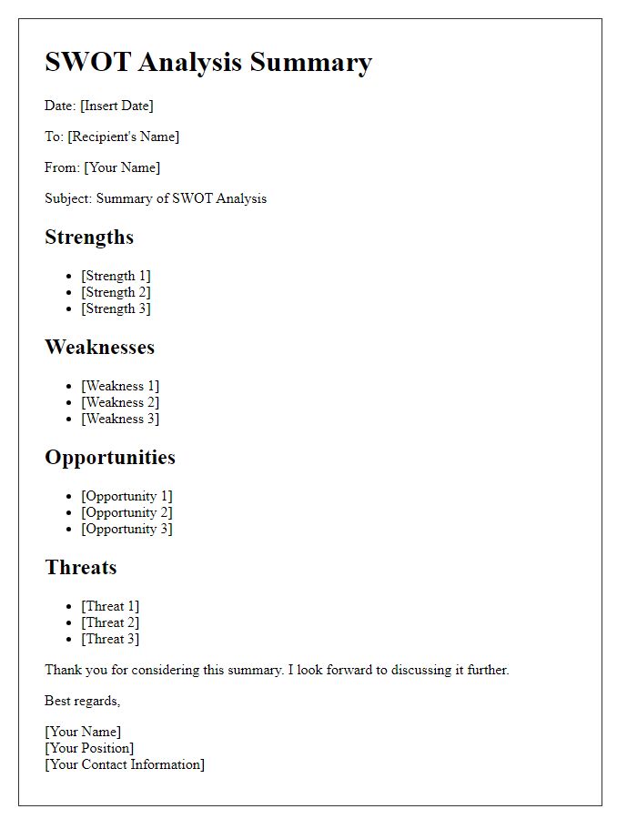 Letter template of SWOT analysis summary