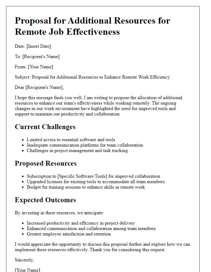 Letter template of proposal for additional resources for remote job effectiveness.