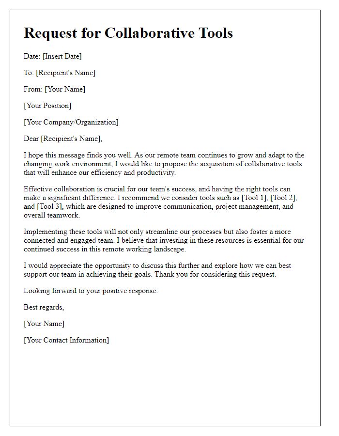 Letter template of request for collaborative tools for remote team efficiency.