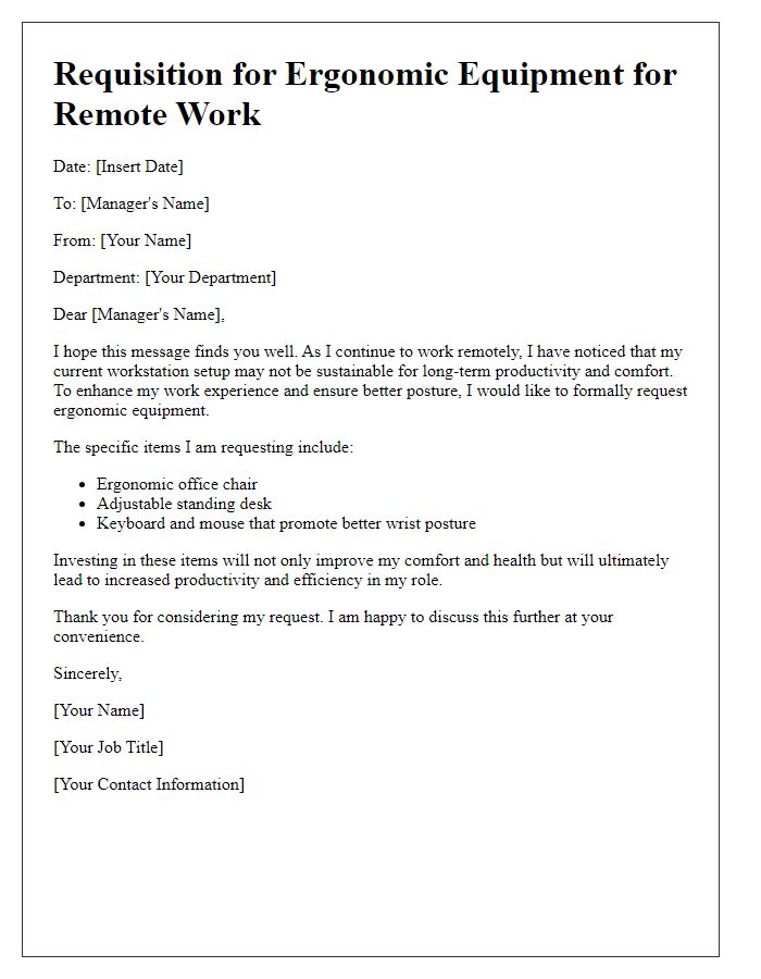 Letter template of requisition for ergonomic equipment for remote working.