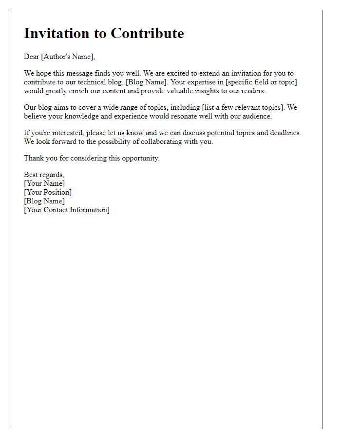 Letter template of invitation to contribute to a technical blog