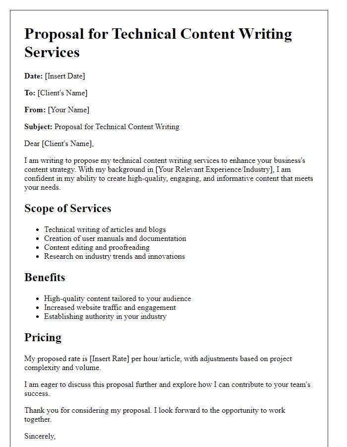 Letter template of proposal for technical content writing