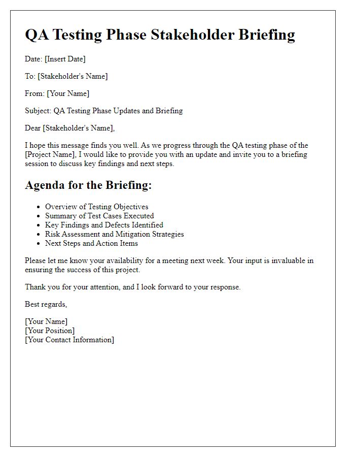 Letter template of QA Testing Phase Stakeholder Briefing